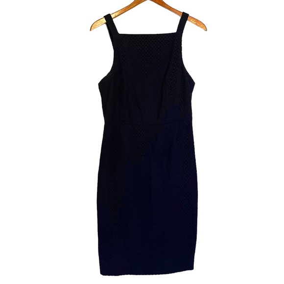 J. Crew Navy Blue‎ Fitted Eyelet Midi Sleeveless Dress Size 4 - Picture 1 of 4